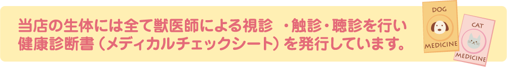 当店の生体には全て獣医師による視診・触診・聴診を行い健康診断書(メディカルチェックシート)を発行しています。